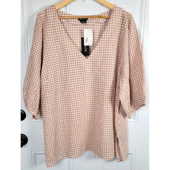 NWT City Chic Gingham Short Sleeve Top Size 20 Cotton Casual Neutral - Picture 1 of 7